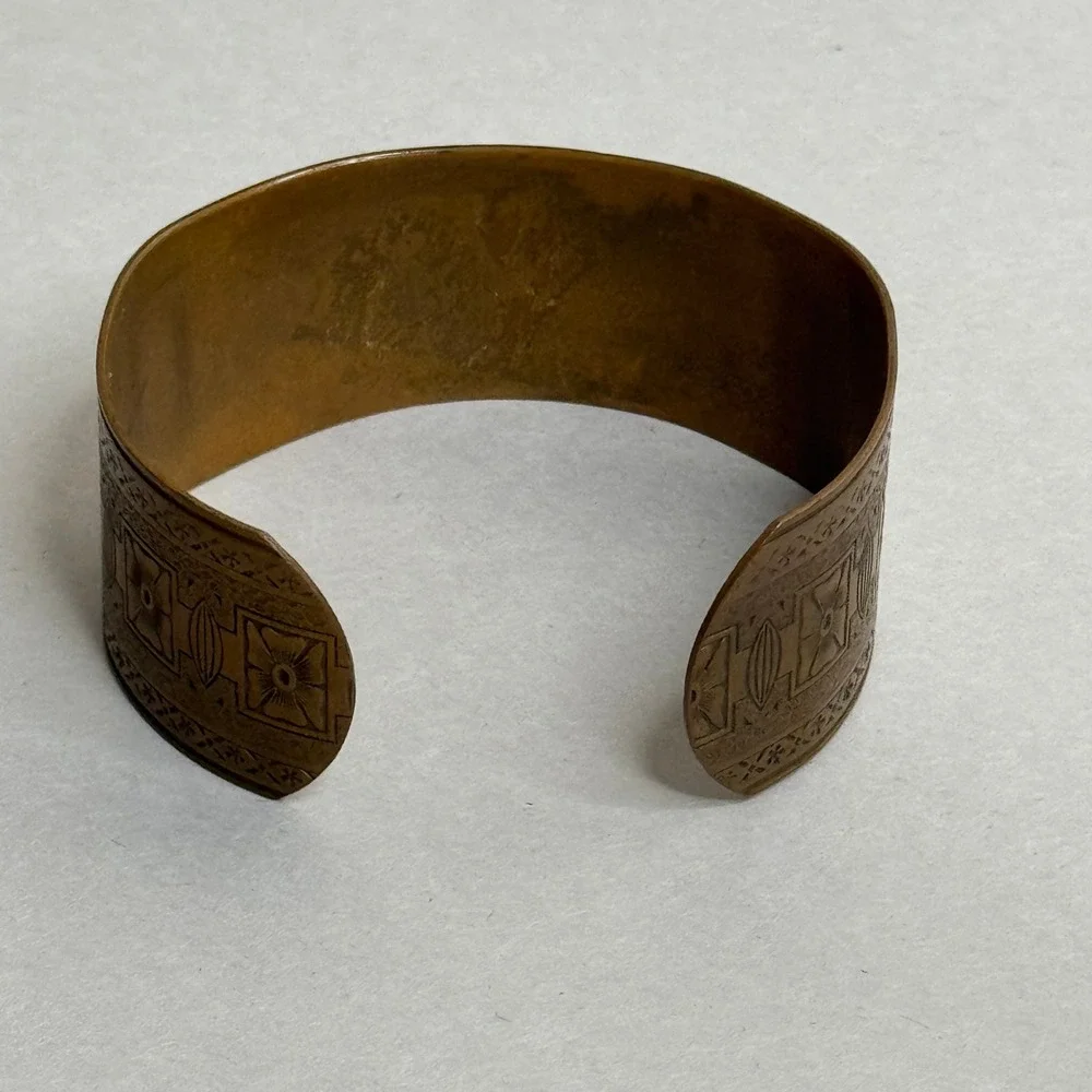 Vintage Copper Cuff Bracelet Etched Geometric Floral Boho Bangle